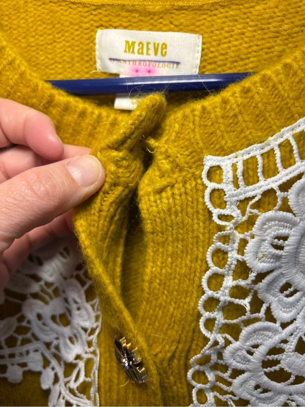 RARE Anthropologie Maeve Mustard Yellow Lace Collar Cardigan Sweater Size M